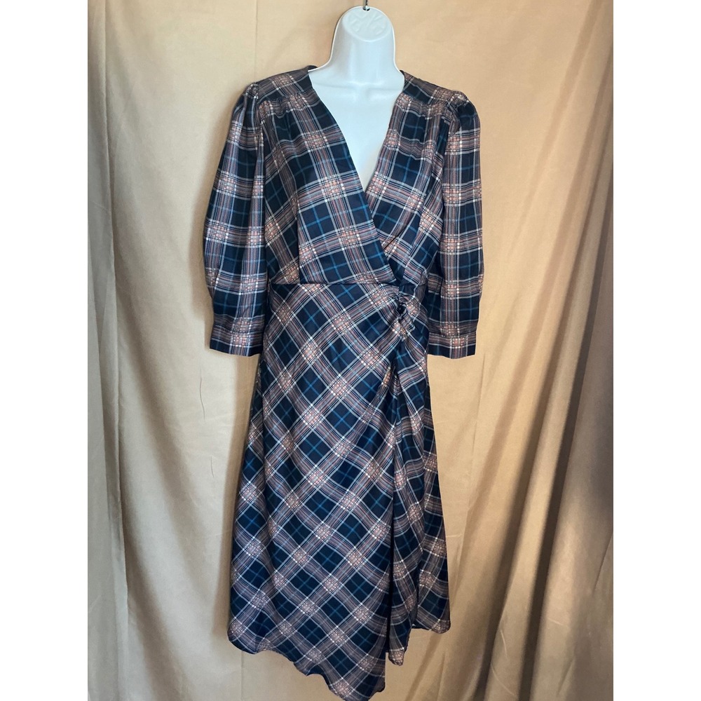 MOTF Plaid Wrap Midi Dress Womens Small Navy Blue NWT Puff Sleeve V-Neck Tartan